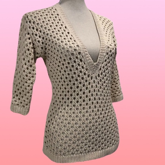 Beige Crochet V-Neck Sweater 3/4 Sleeves Beachwear Resort Layer Coastal Grandma - Picture 9 of 11